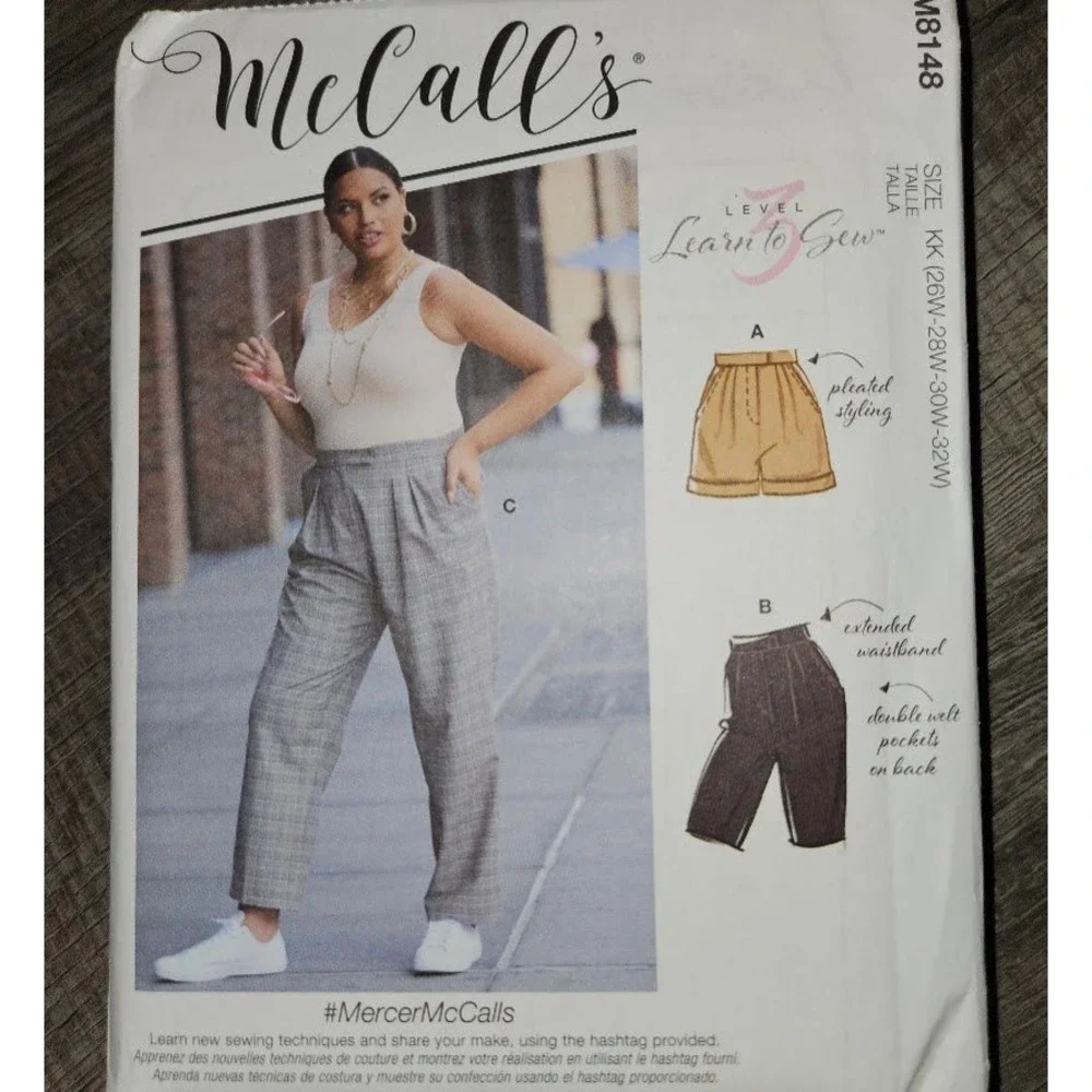 McCalls M8148 Sewing Pattern Womens + Size Pants Shorts Pleated High Waist 26-32